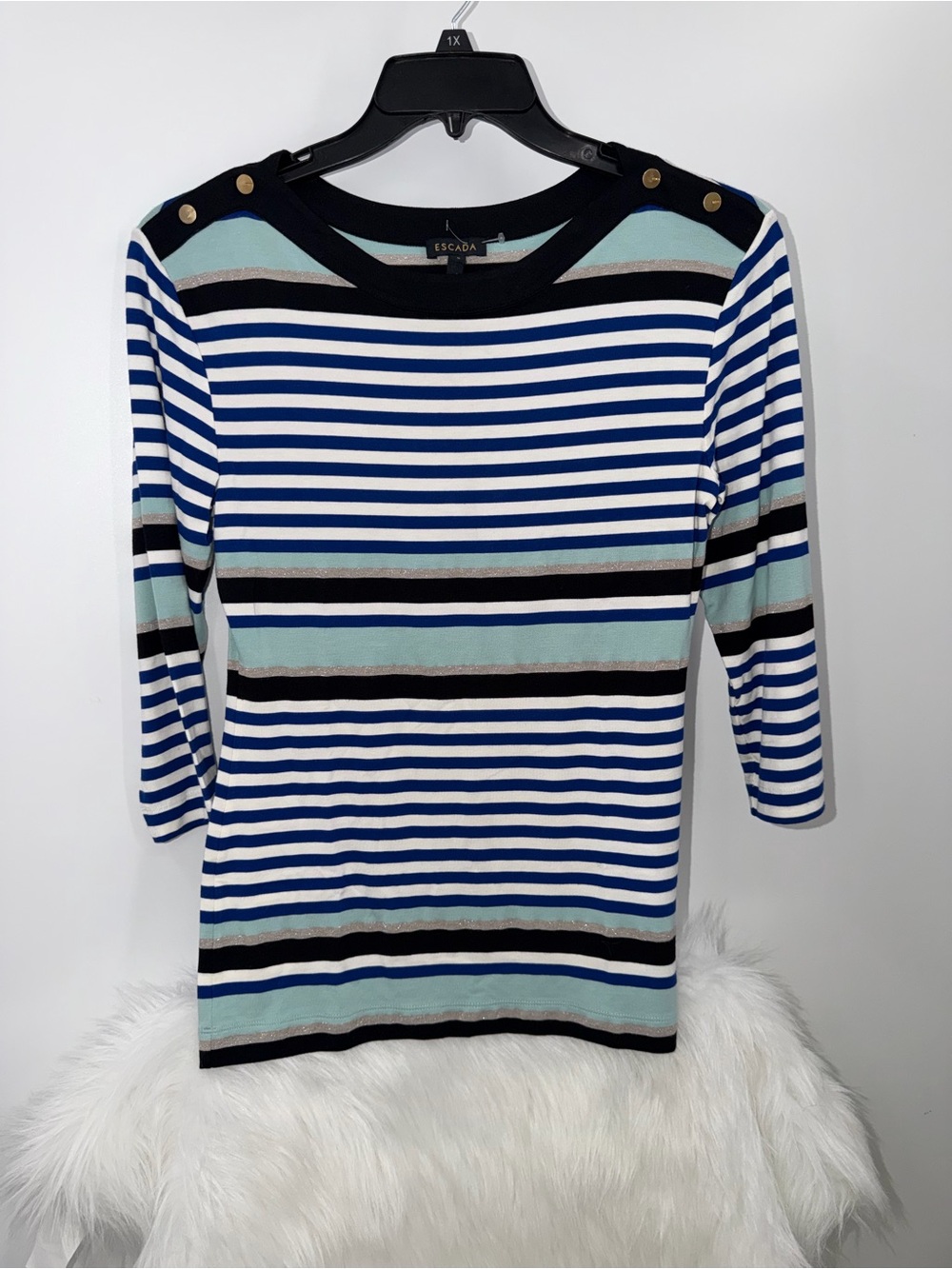Escada Blue & White Striped Boatneck Top, size Small, Like New!!